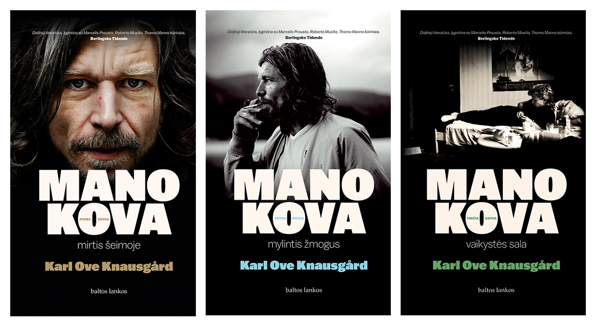 Book covers of Karl Ove Knausgård's «My Struggle 1 – 3», translated by Juste.