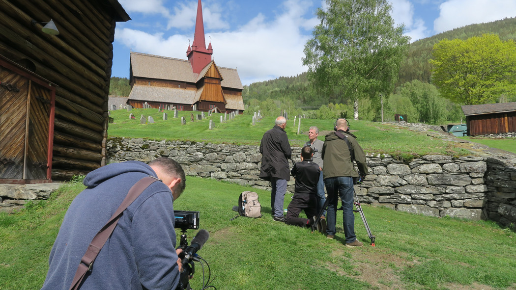 Lars Mytting interviewed by Christhard Läpple from ZDF in front of Ringebu Stave Church.
