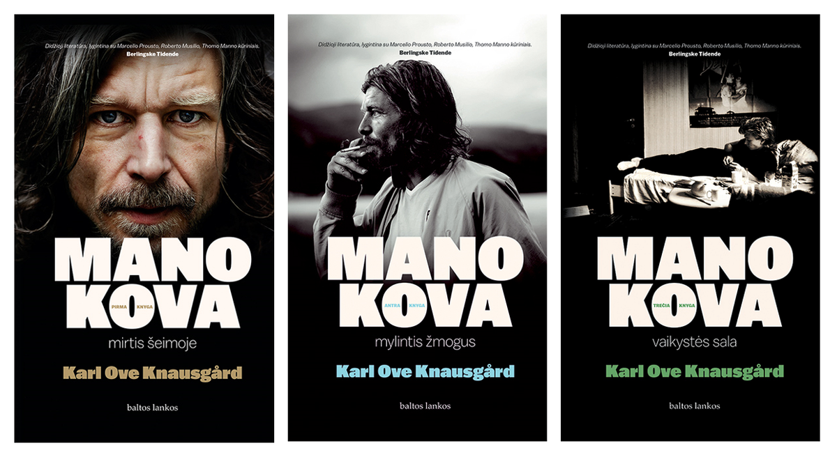 Book covers of Karl Ove Knausgård's «My Struggle 1 – 3», translated by Juste.